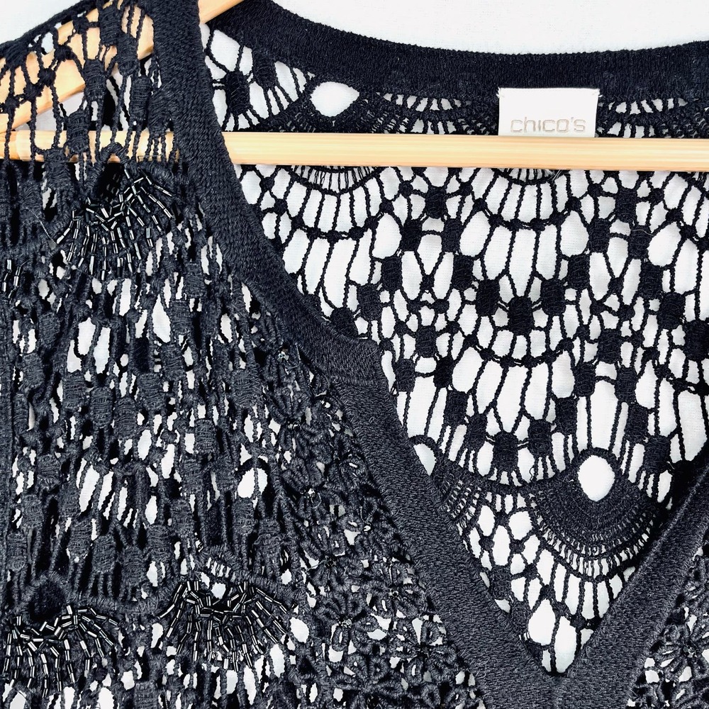 CHICO'S Bianca Lace Poncho Top Sz 3 Crocheted Boho Beaded Shirt Coverup Flirty - Picture 3 of 7